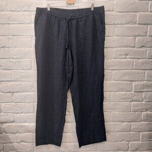Talbots 100% Linen Pants Women 18 W Navy Blue Tie Elastic Waist Pockets Wide Leg